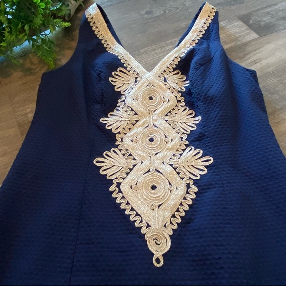 LILLY PULITZER Navy “Junie” Shift Dress with Gold Embroidered Detailing, Size 4 - Picture 3 of 16